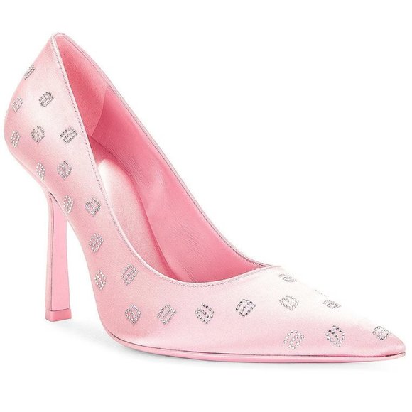 ALEXANDER WANG Delphine 105 Crystal Monogram Satin Pumps Size 7.5 Prism Pink New